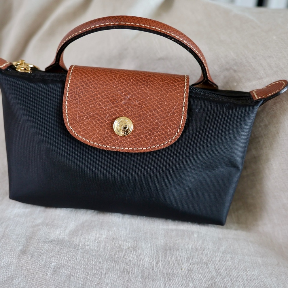 Longchamp Le Pliage Mini Bag Black Nylon with Leather Handles.